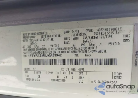 2018 Ford Transit-250 из США, поврежденный, VIN 1FTYR1ZM8JKA89942